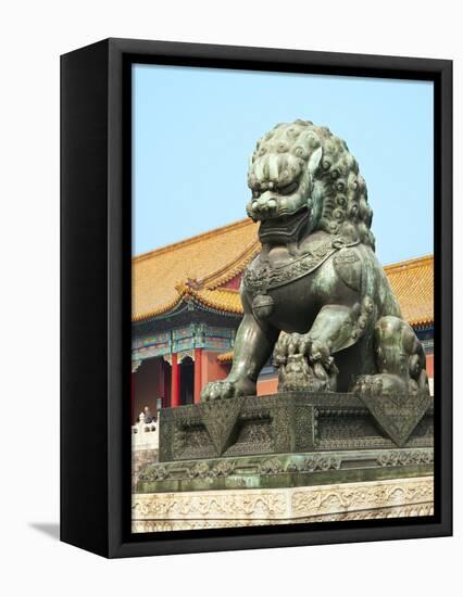 Bronzed Lion Guards Gate of Heavenly Purity, Forbidden City, UNESCO Site, Beijing, China, Asia-Kimberly Walker-Framed Stretched Canvas