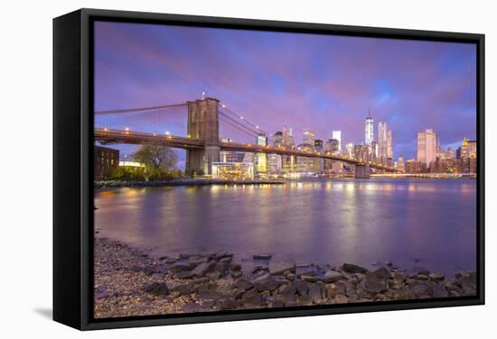 Brooklyn Bridge and Lower Manhattan/Downtown, New York City, New York, USA-Jon Arnold-Framed Stretched Canvas