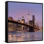 Brooklyn Bridge and Lower Manhattan skyline at dawn City-Ed Hasler-Framed Stretched Canvas