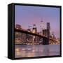 Brooklyn Bridge and Lower Manhattan skyline at dawn City-Ed Hasler-Framed Stretched Canvas