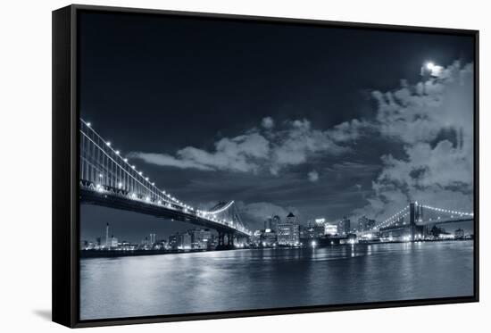 Brooklyn Bridge and Manhattan Bridge over East River at Night with Moon in New York City Manhattan-Songquan Deng-Framed Stretched Canvas