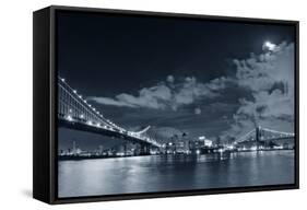 Brooklyn Bridge and Manhattan Bridge over East River at Night with Moon in New York City Manhattan-Songquan Deng-Framed Stretched Canvas