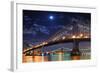 Brooklyn Bridge and Manhattan Bridge over East River at Night with Moon in New York City Manhattan-Songquan Deng-Framed Photographic Print