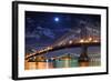 Brooklyn Bridge and Manhattan Bridge over East River at Night with Moon in New York City Manhattan-Songquan Deng-Framed Photographic Print