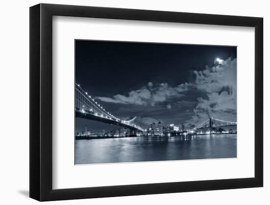 Brooklyn Bridge and Manhattan Bridge over East River at Night with Moon in New York City Manhattan-Songquan Deng-Framed Photographic Print