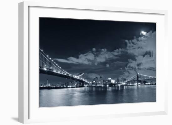 Brooklyn Bridge and Manhattan Bridge over East River at Night with Moon in New York City Manhattan-Songquan Deng-Framed Photographic Print