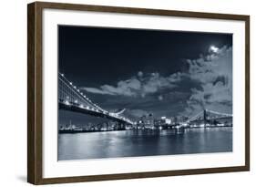 Brooklyn Bridge and Manhattan Bridge over East River at Night with Moon in New York City Manhattan-Songquan Deng-Framed Photographic Print