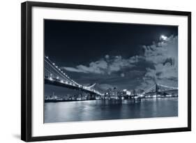 Brooklyn Bridge and Manhattan Bridge over East River at Night with Moon in New York City Manhattan-Songquan Deng-Framed Photographic Print