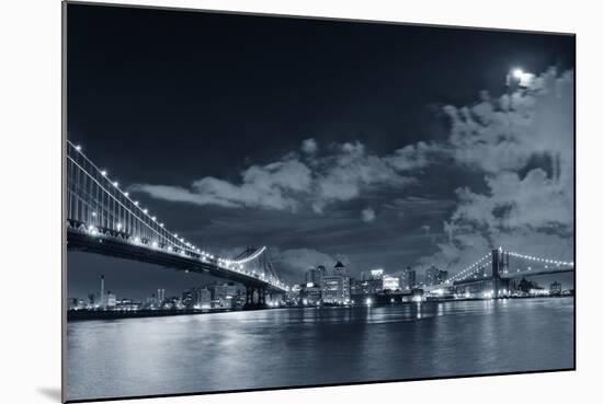Brooklyn Bridge and Manhattan Bridge over East River at Night with Moon in New York City Manhattan-Songquan Deng-Mounted Photographic Print