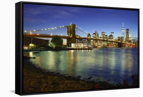 Brooklyn Bridge and Manhattan Skyline at Dusk from Brooklyn Bridge Park-Amanda Hall-Framed Stretched Canvas