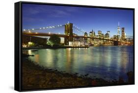 Brooklyn Bridge and Manhattan Skyline at Dusk from Brooklyn Bridge Park-Amanda Hall-Framed Stretched Canvas