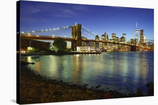 Brooklyn Bridge and Manhattan Skyline at Dusk from Brooklyn Bridge Park-Amanda Hall-Stretched Canvas