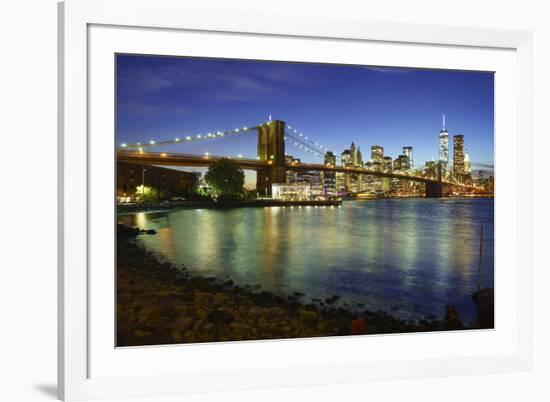 Brooklyn Bridge and Manhattan Skyline at Dusk from Brooklyn Bridge Park-Amanda Hall-Framed Photographic Print