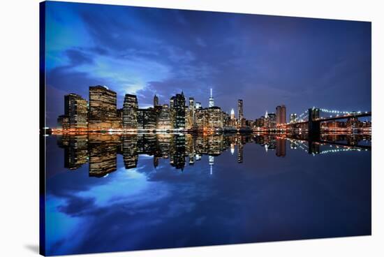 Brooklyn Bridge and Manhattan Skyline at Dusk, New York City, New York-Karen Deakin-Stretched Canvas