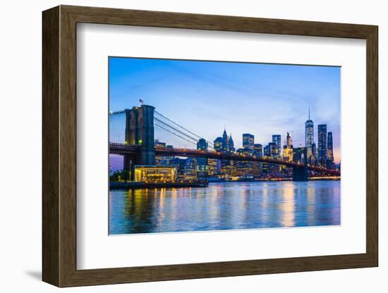 Brooklyn Bridge and Manhattan skyline at dusk, New York City, United States of America, North Ameri-Fraser Hall-Framed Photographic Print