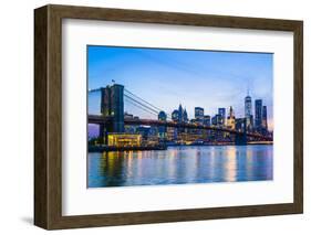 Brooklyn Bridge and Manhattan skyline at dusk, New York City, United States of America, North Ameri-Fraser Hall-Framed Photographic Print