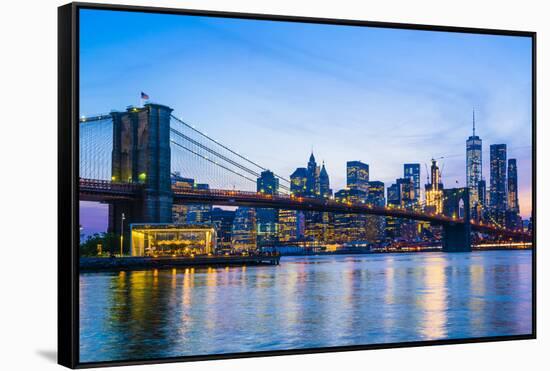 Brooklyn Bridge and Manhattan skyline at dusk, New York City, United States of America, North Ameri-Fraser Hall-Framed Stretched Canvas