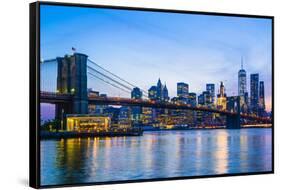 Brooklyn Bridge and Manhattan skyline at dusk, New York City, United States of America, North Ameri-Fraser Hall-Framed Stretched Canvas