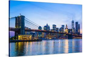 Brooklyn Bridge and Manhattan skyline at dusk, New York City, United States of America, North Ameri-Fraser Hall-Stretched Canvas