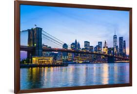Brooklyn Bridge and Manhattan skyline at dusk, New York City, United States of America, North Ameri-Fraser Hall-Framed Photographic Print