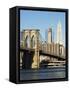 Brooklyn Bridge and Manhattan Skyline, New York City, New York, USA-Amanda Hall-Framed Stretched Canvas