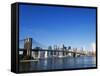 Brooklyn Bridge and Manhattan Skyline, New York City, New York, USA-Amanda Hall-Framed Stretched Canvas