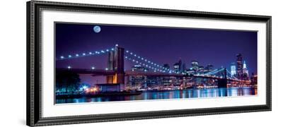 Brooklyn Bridge and Manhattan Skyline with a Full Moon Overhead-New York-Littleny-Framed Art Print