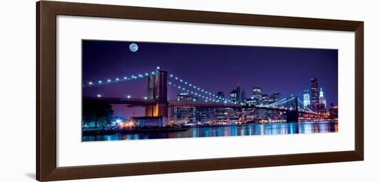 Brooklyn Bridge and Manhattan Skyline with a Full Moon Overhead-New York-Littleny-Framed Art Print