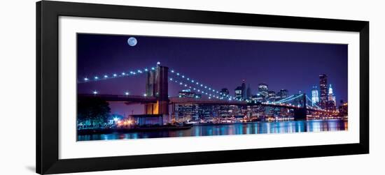 Brooklyn Bridge and Manhattan Skyline with a Full Moon Overhead-New York-Littleny-Framed Art Print