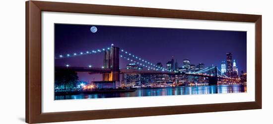 Brooklyn Bridge and Manhattan Skyline with a Full Moon Overhead-New York-Littleny-Framed Art Print