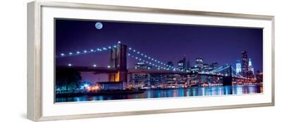 Brooklyn Bridge and Manhattan Skyline with a Full Moon Overhead-New York-Littleny-Framed Art Print