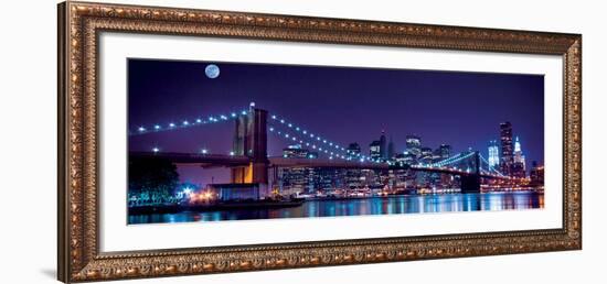 Brooklyn Bridge and Manhattan Skyline with a Full Moon Overhead-New York-Littleny-Framed Art Print