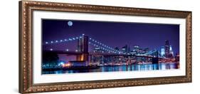 Brooklyn Bridge and Manhattan Skyline with a Full Moon Overhead-New York-Littleny-Framed Art Print