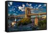 Brooklyn Bridge at sunset, NY NY - in black and white-null-Framed Stretched Canvas