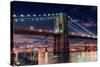 Brooklyn Bridge Closeup over East River at Night in New York City Manhattan with Lights and Reflect-Songquan Deng-Stretched Canvas