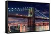 Brooklyn Bridge Closeup over East River at Night in New York City Manhattan with Lights and Reflect-Songquan Deng-Framed Stretched Canvas