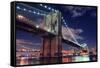 Brooklyn Bridge Closeup over East River at Night in New York City Manhattan with Lights and Reflect-Songquan Deng-Framed Stretched Canvas