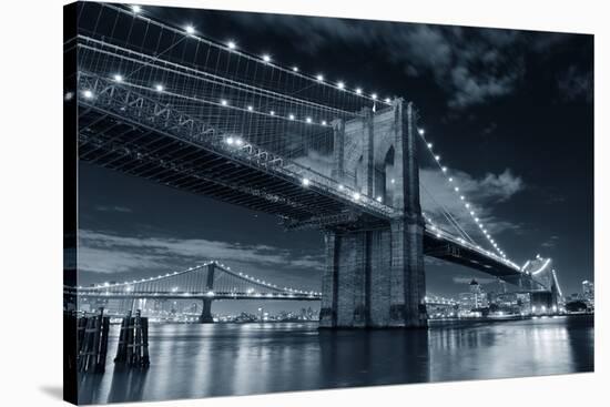 Brooklyn Bridge over East River at Night in Black and White in New York City Manhattan with Lights-Songquan Deng-Stretched Canvas