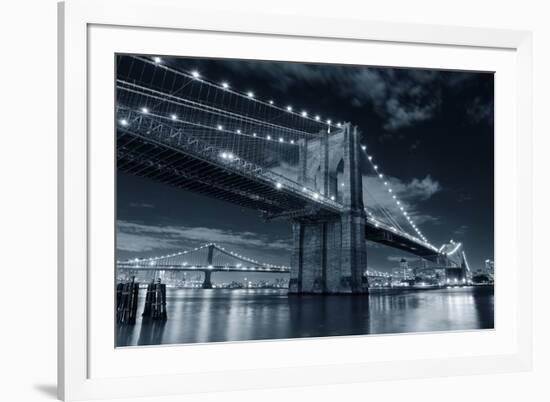 Brooklyn Bridge over East River at Night in Black and White in New York City Manhattan with Lights-Songquan Deng-Framed Photographic Print