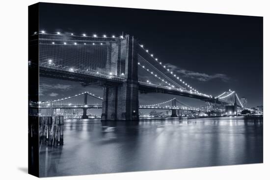 Brooklyn Bridge Over East River At Night In Black And White In New York City Manhattan-Songquan Deng-Stretched Canvas