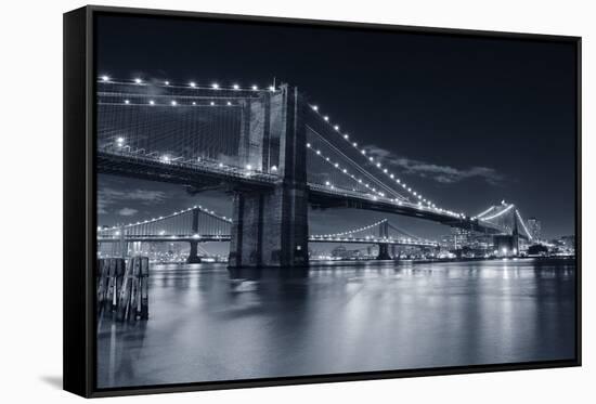 Brooklyn Bridge Over East River At Night In Black And White In New York City Manhattan-Songquan Deng-Framed Stretched Canvas