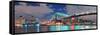 Brooklyn Bridge Panorama over East River at Night in New York City Manhattan with Lights and Reflec-Songquan Deng-Framed Stretched Canvas