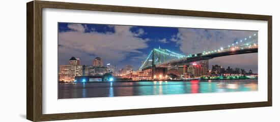 Brooklyn Bridge Panorama over East River at Night in New York City Manhattan with Lights and Reflec-Songquan Deng-Framed Photographic Print