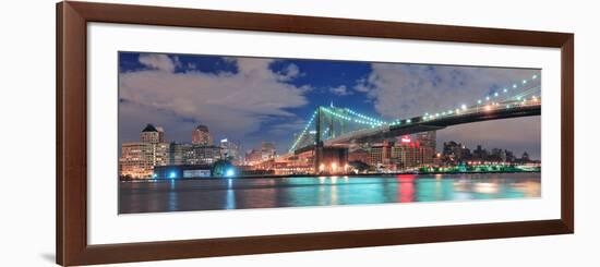 Brooklyn Bridge Panorama over East River at Night in New York City Manhattan with Lights and Reflec-Songquan Deng-Framed Photographic Print