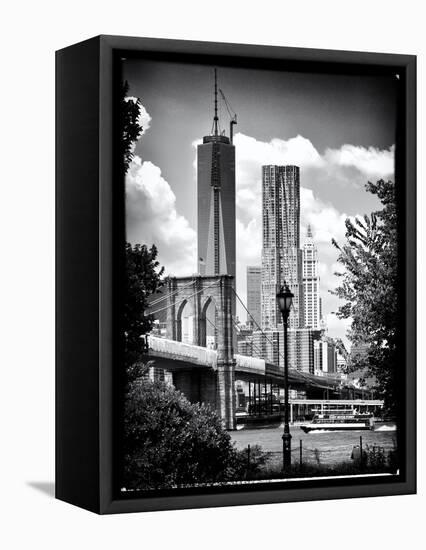 Brooklyn Bridge View with One World Trade Center, Black and White Photography, Manhattan, NYC, US-Philippe Hugonnard-Framed Stretched Canvas