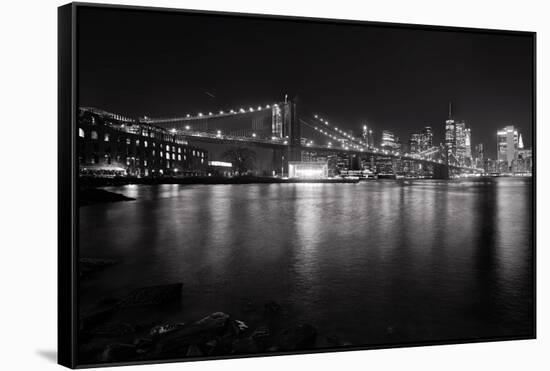 Brooklyn Bridge with Lower Manhattan at Night, Brooklyn New York City-George Oze-Framed Stretched Canvas