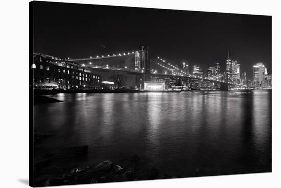 Brooklyn Bridge with Lower Manhattan at Night, Brooklyn New York City-George Oze-Stretched Canvas