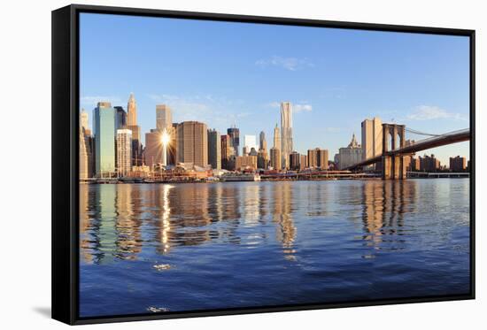 Brooklyn Bridge with Lower Manhattan Skyline Panorama in the Morning with Cloud and River Reflectio-Songquan Deng-Framed Stretched Canvas