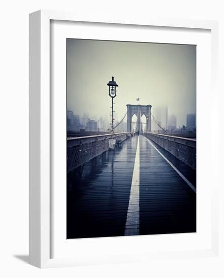 Brooklyn Bridge with Overcast Manhattan Skyline in the Background-Frina-Framed Photographic Print