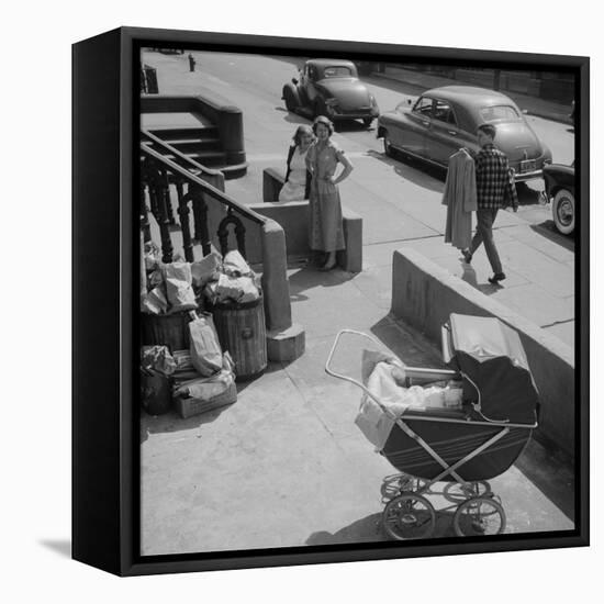 Brooklyn Street Scene, Baby Carriage, Two Women, and a Boy Carrying Dry Cleaning, NY, 1949-Ralph Morse-Framed Stretched Canvas